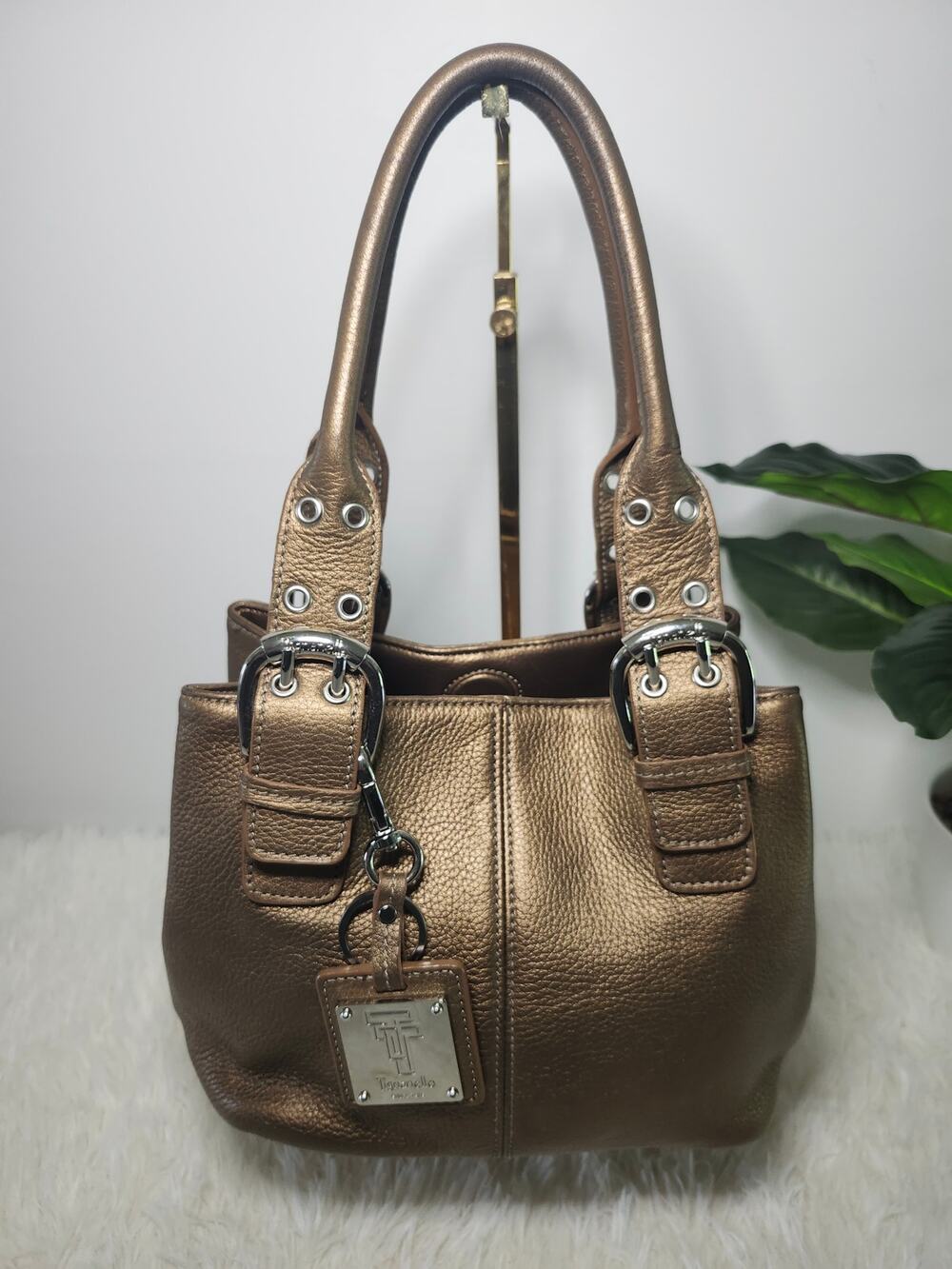 Tignanello Leather Buckle Shoulder Bag Bronze Metallic Y2K Contemporary